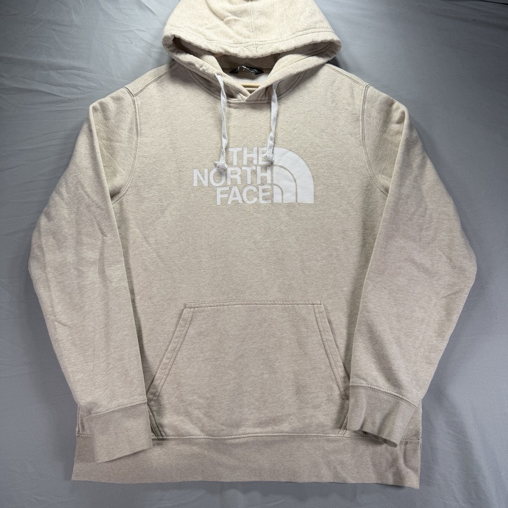The North Face Hoodie Mens Large Beige Big Logo Fleece Sweatshirt Hiking Outdoor